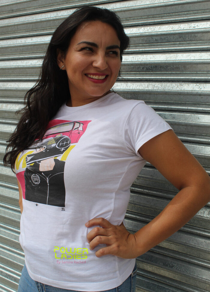 Playera Blanca Mini Cooper - Power Ladies-Samira Rached-Ilustracion por Tato Torres